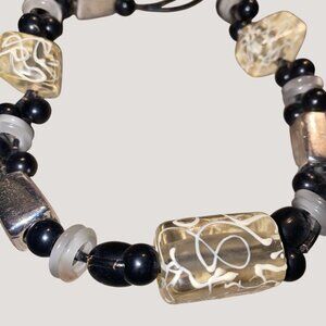 Chicos Chunky Black White Beaded Necklace Abstract Glass  Silver Toned Accents